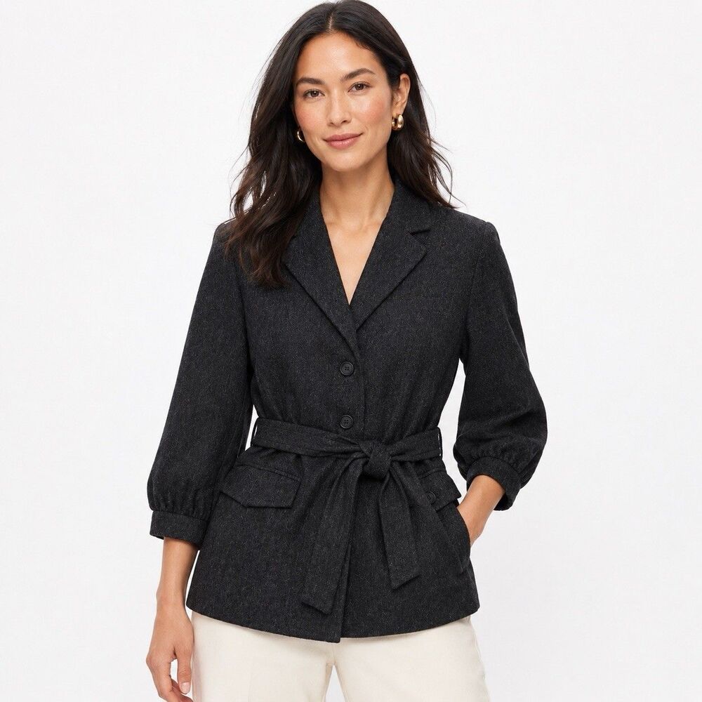 Banana Republic Wool Blend Belted Blazer Women 8 Charcoal Gray 3/4 Sleeve Y2K